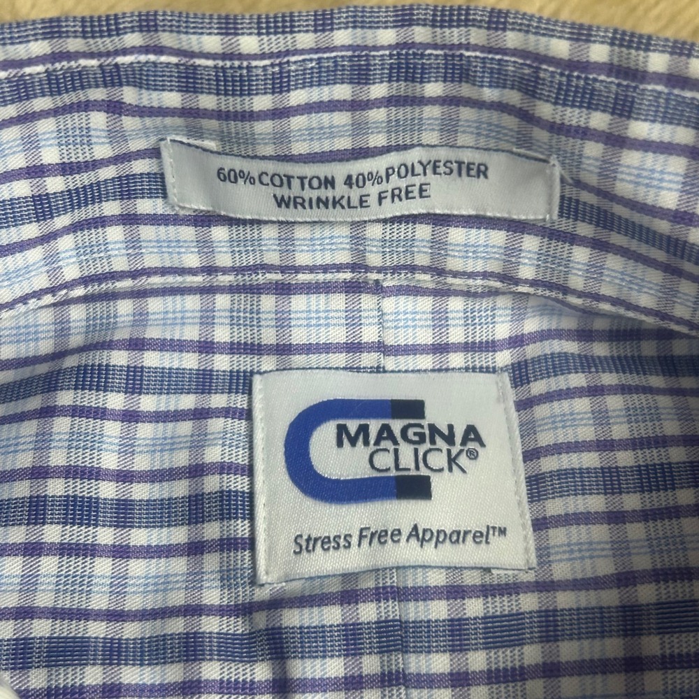 MagnaClick Mens XL Plaid Magnetic Closure Dress Shirt Blue Wrinkle Free 17-17.5 - Picture 5 of 8